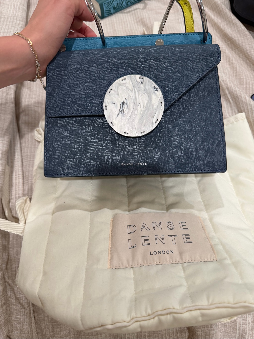 Danse Lente Blue Leather Top-Handle Bag With Marble Accent & Yellow Strap — image 4 of 4